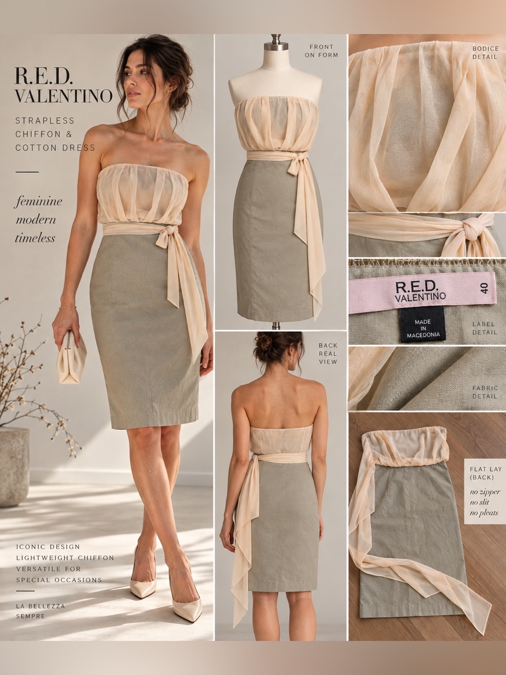 RED Valentino Strapless Tulle Khaki Pencil Dress EU 40